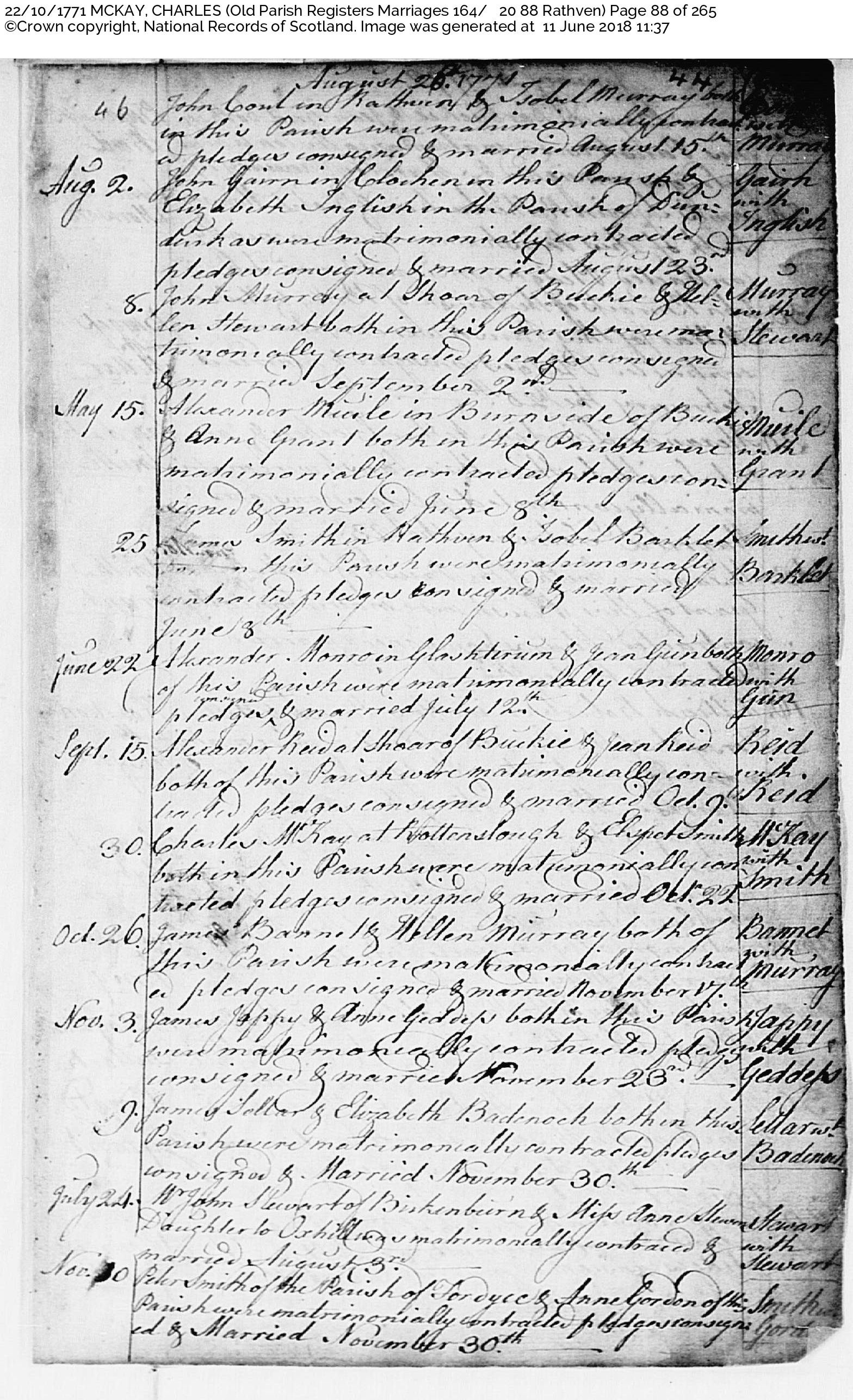 Charles McKay and Elspeth Smith marriage 1771 ScotlandsPeople, October 22, 1771, Linked To: <a href='i197.html' >Charles McKay °</a>